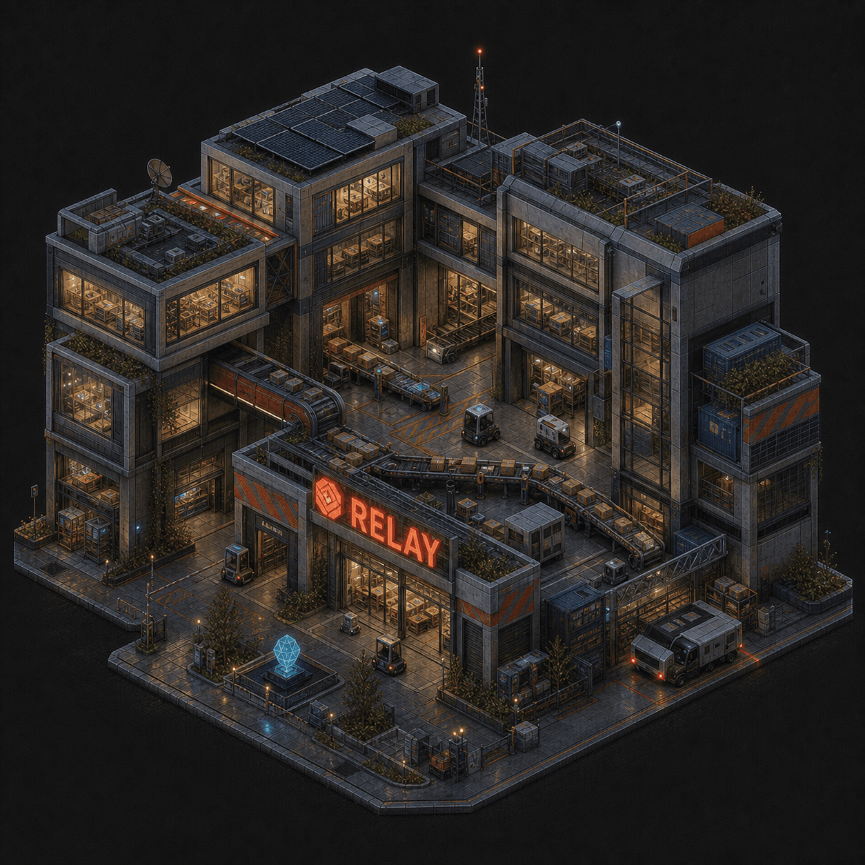 Isometric pixel-art headquarters of Relay