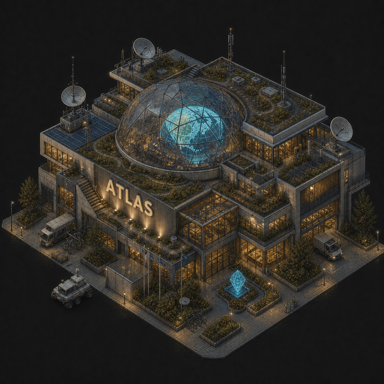 Isometric pixel-art headquarters of Atlas