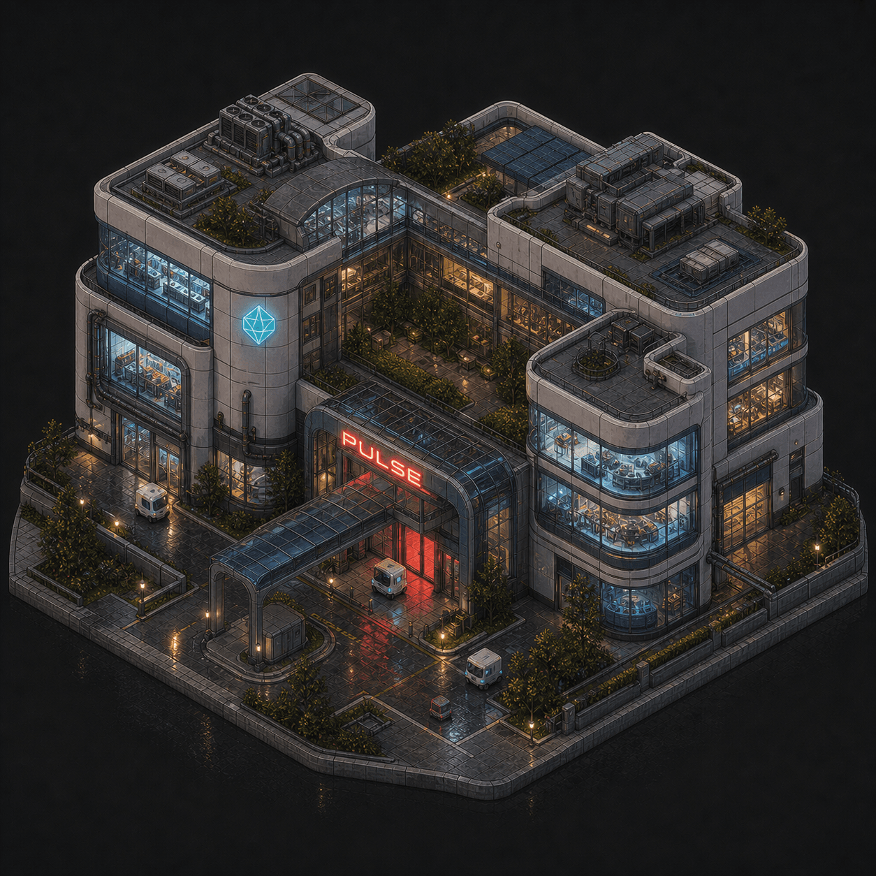 Isometric pixel-art headquarters of Pulse