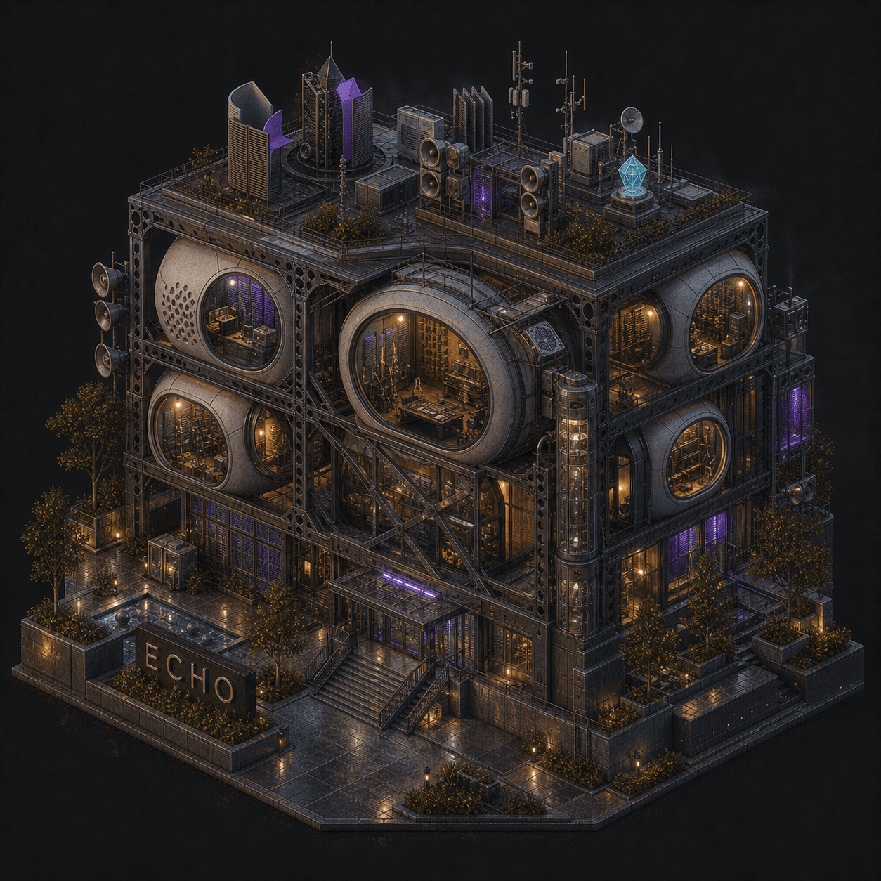 Isometric pixel-art headquarters of Echo