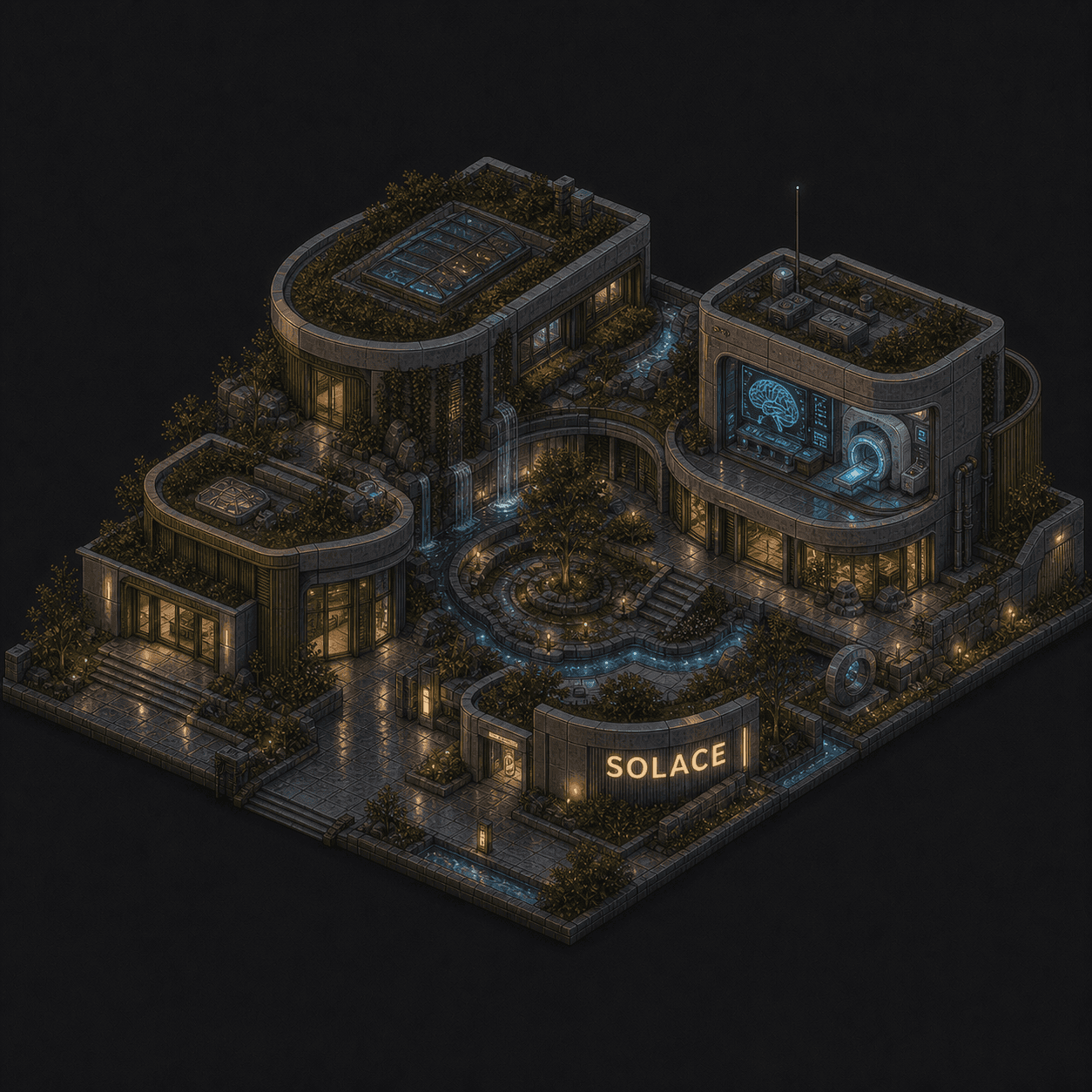 Isometric pixel-art headquarters of Solace