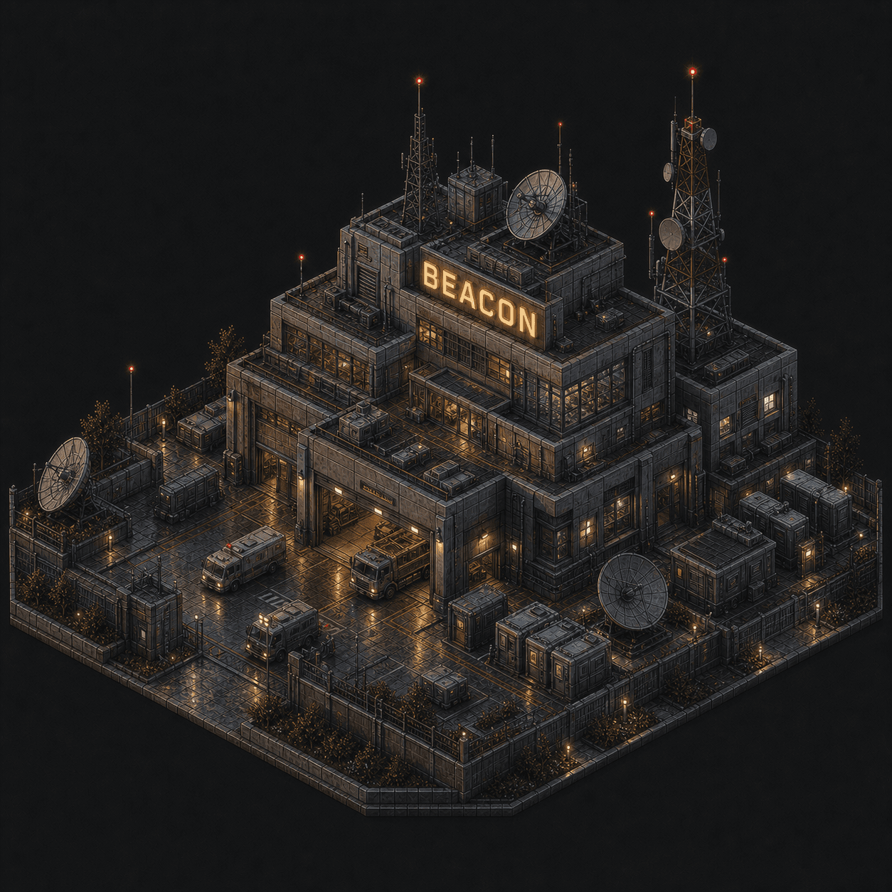 Isometric pixel-art headquarters of Beacon