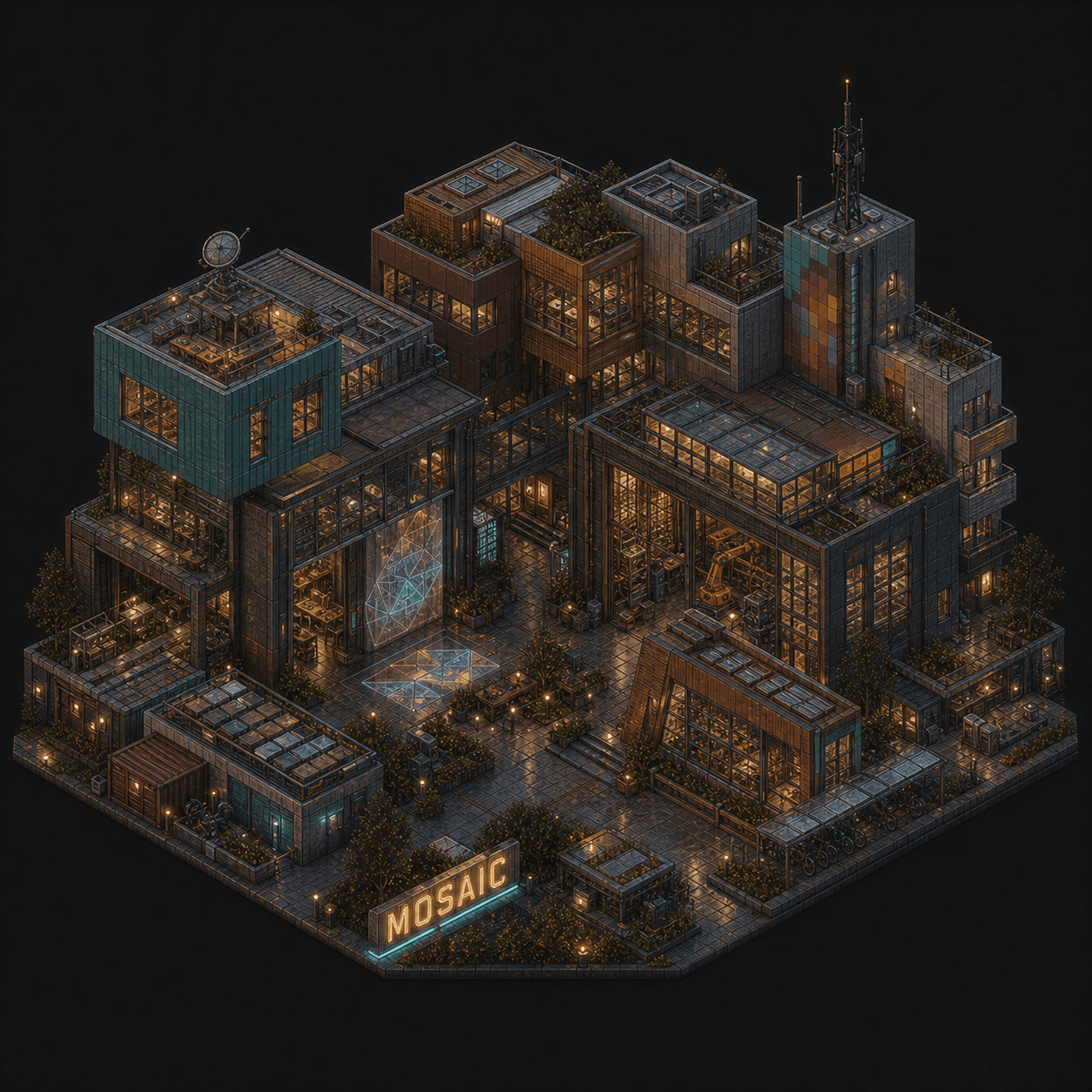 Isometric pixel-art headquarters of Mosaic