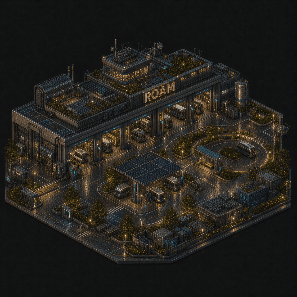 Isometric pixel-art headquarters of Roam