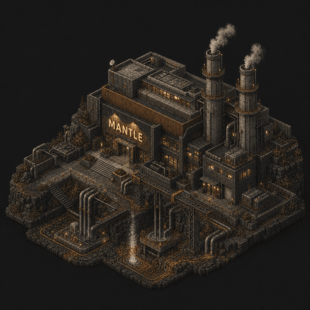 Isometric pixel-art headquarters of Mantle