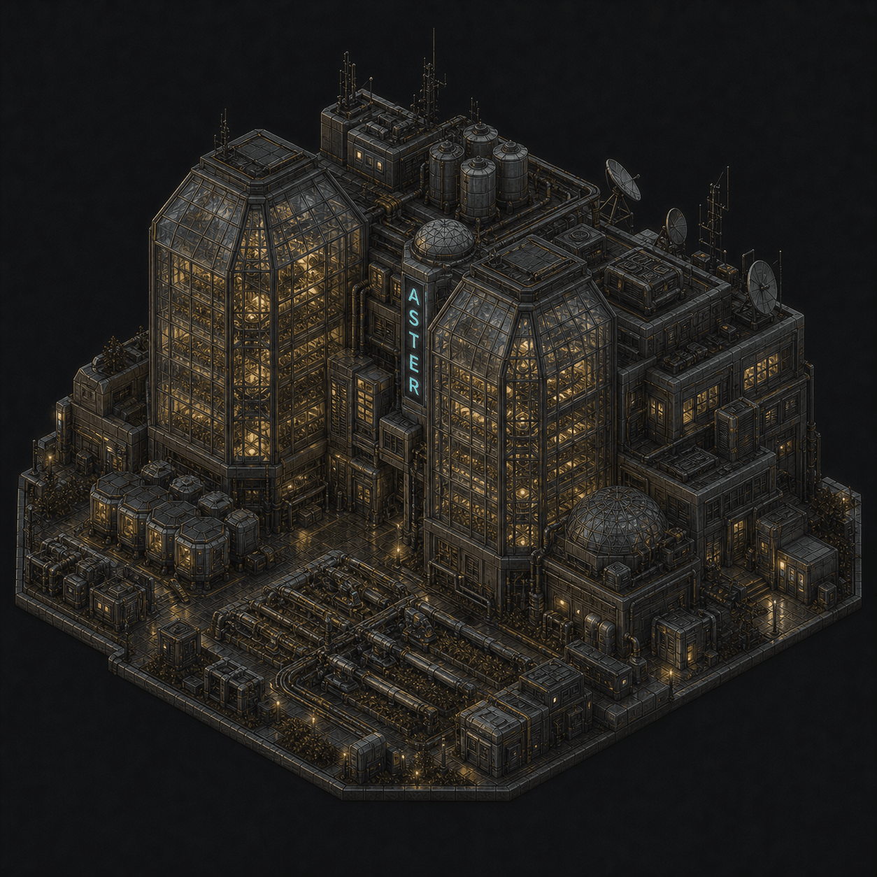 Isometric pixel-art headquarters of Aster