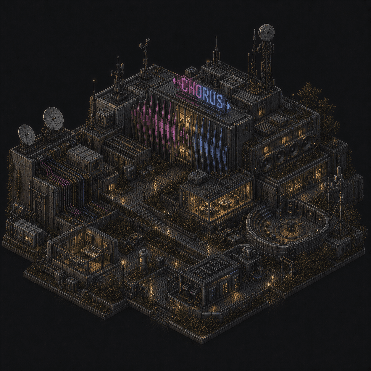 Isometric pixel-art headquarters of Chorus