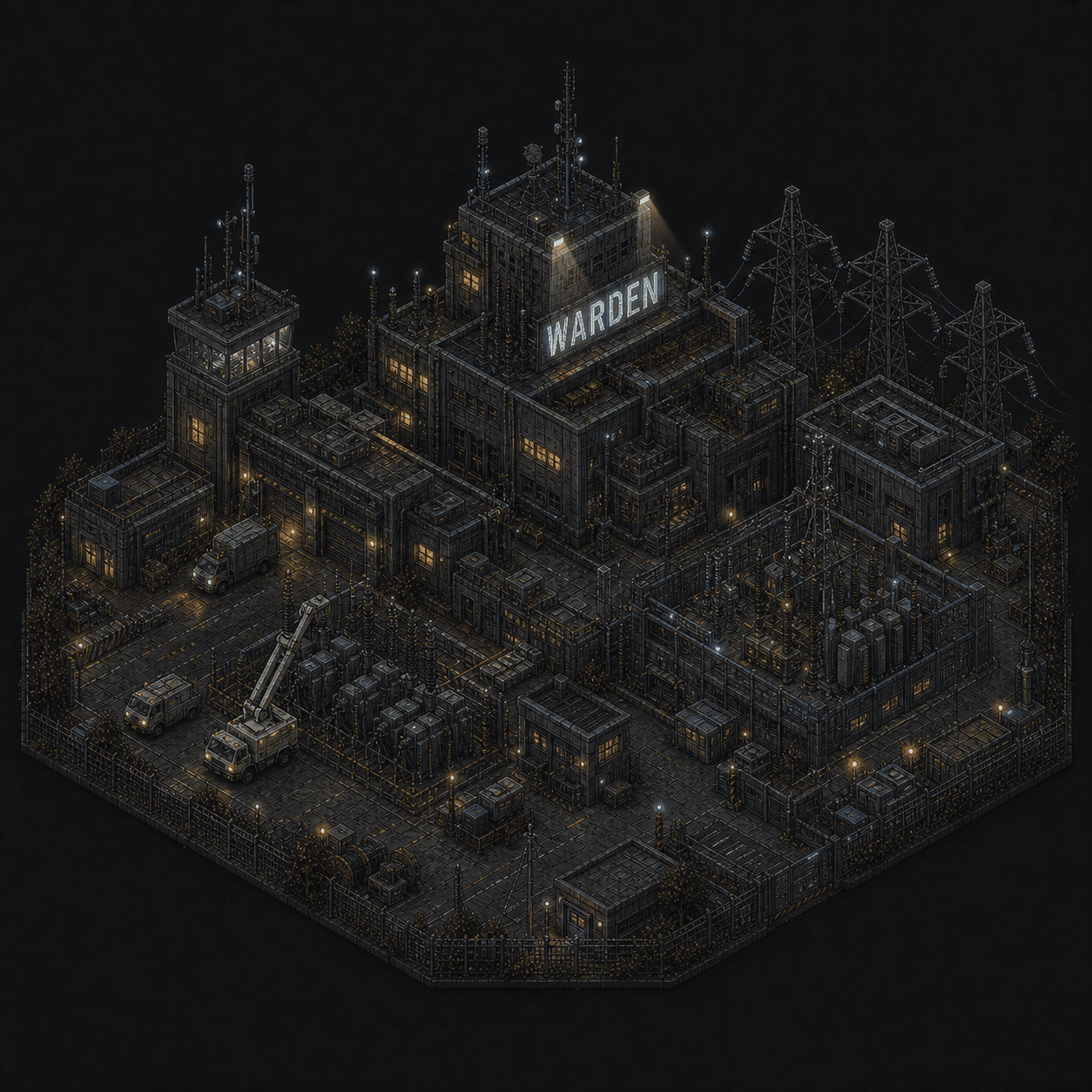 Isometric pixel-art headquarters of Warden