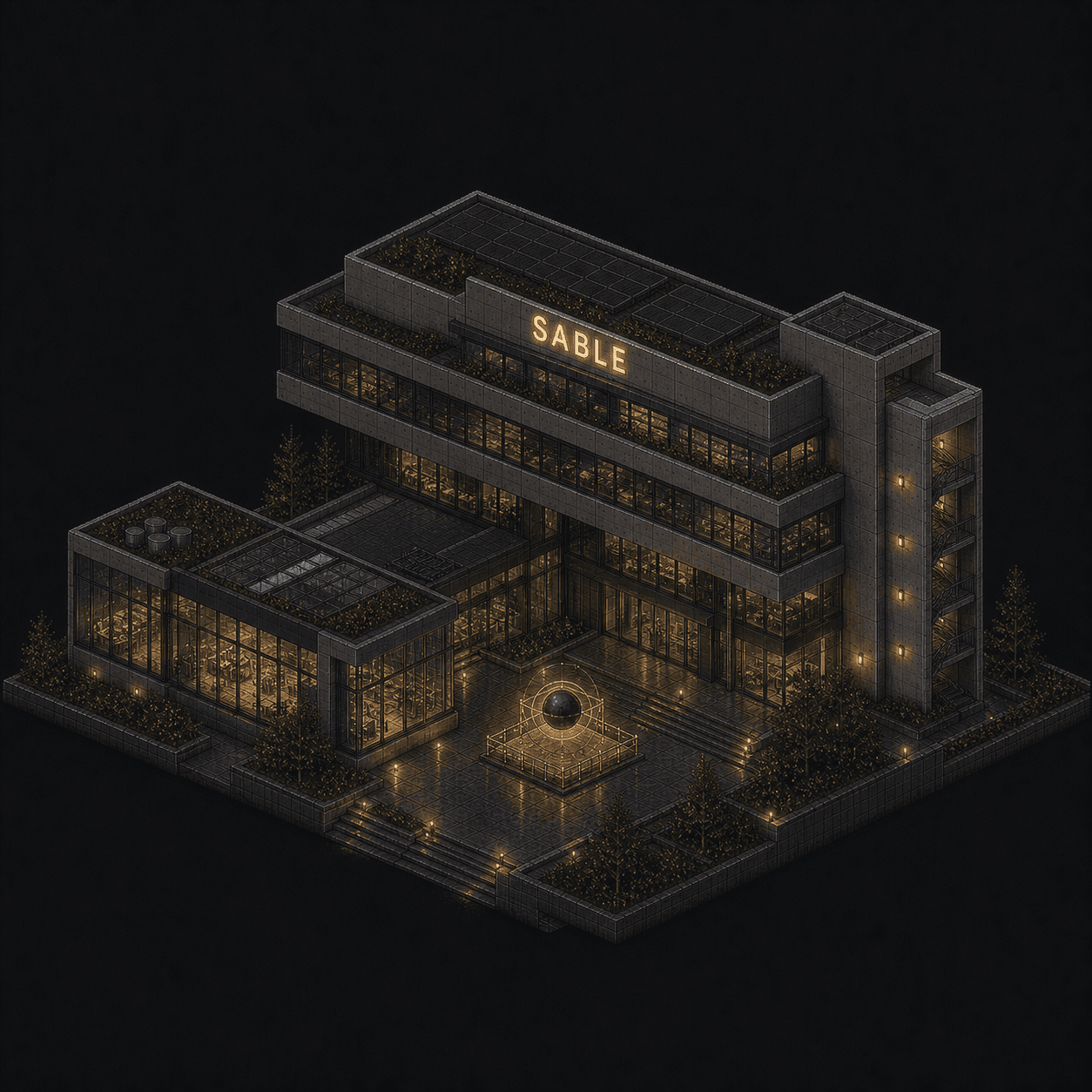 Isometric pixel-art headquarters of Sable