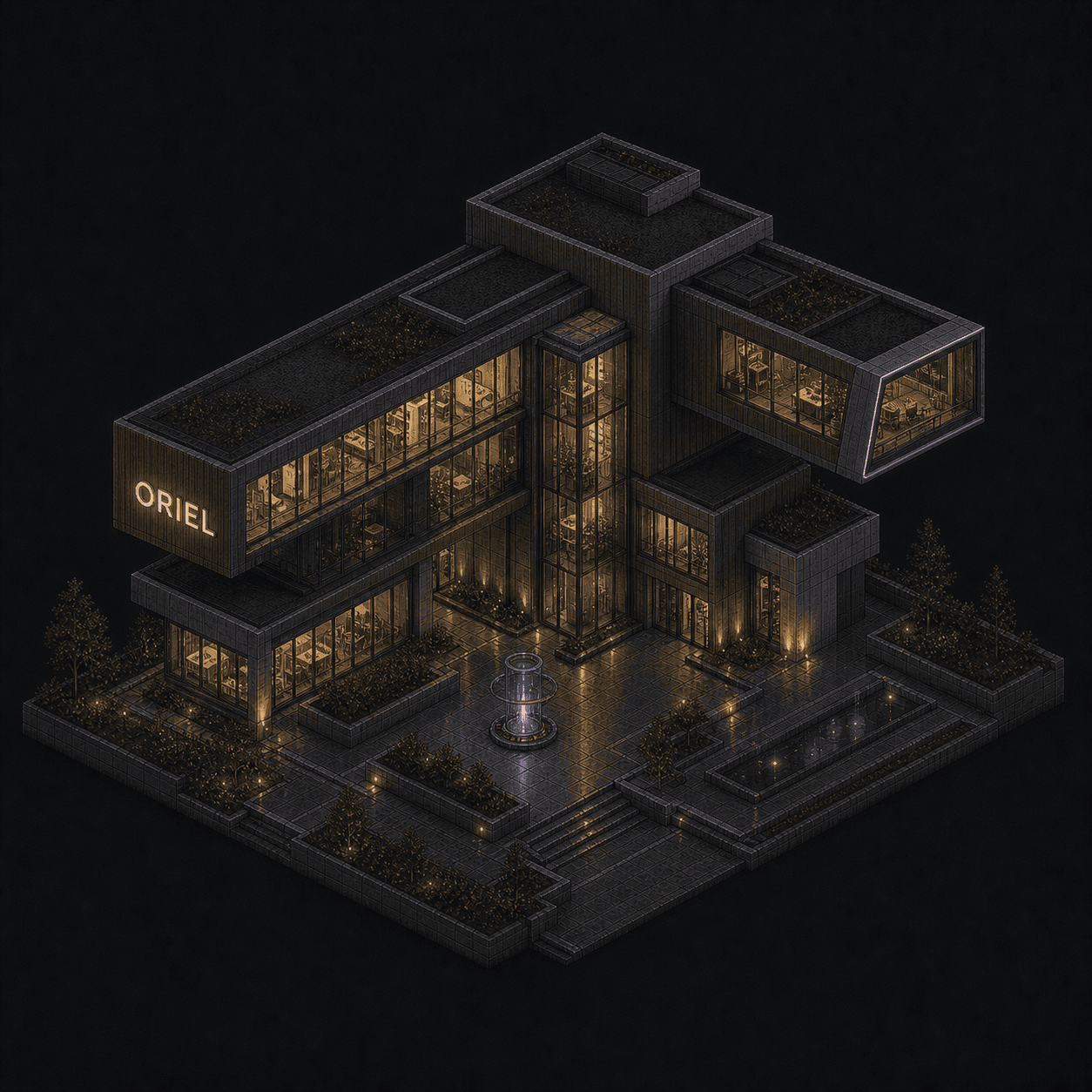 Isometric pixel-art headquarters of Oriel