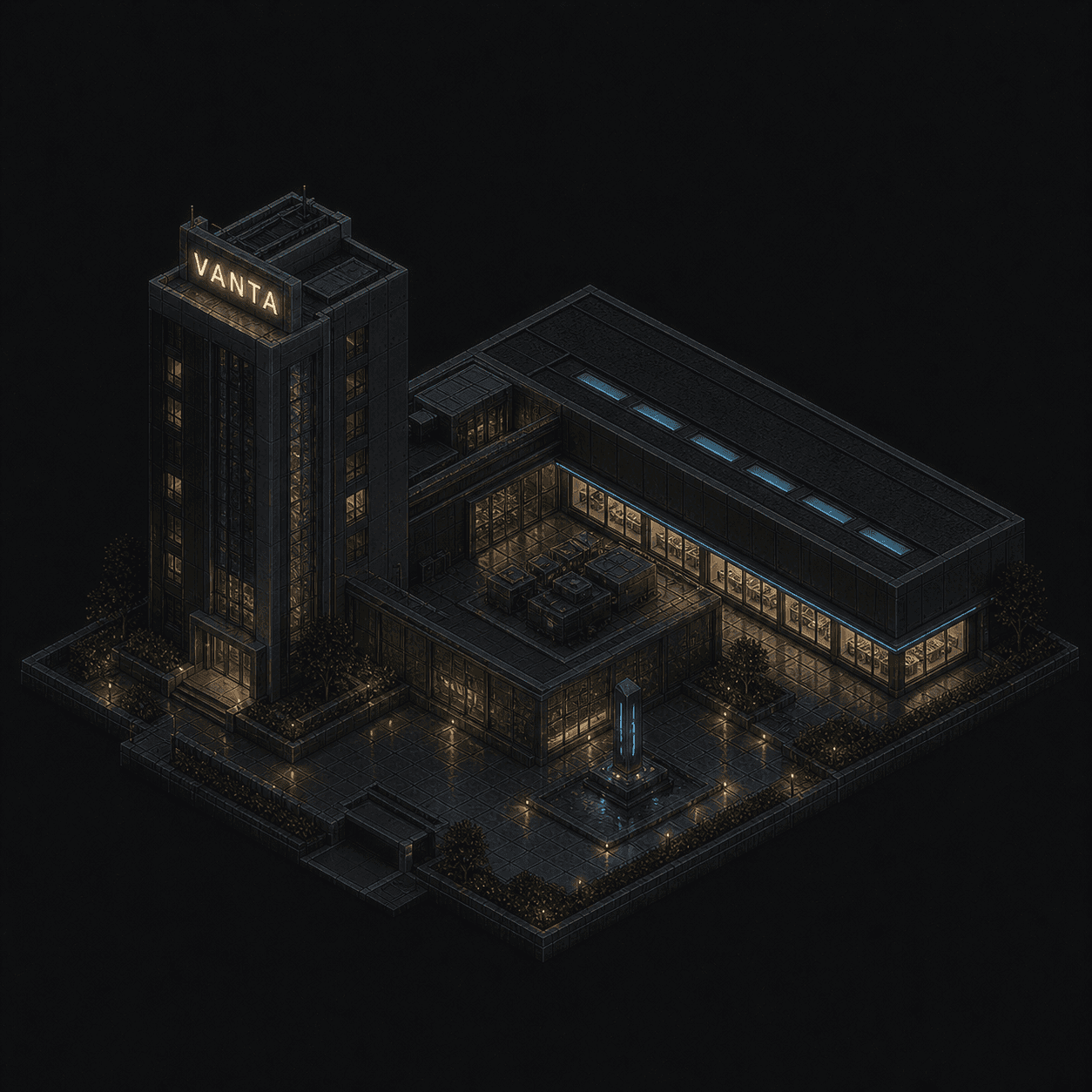 Isometric pixel-art headquarters of Vanta