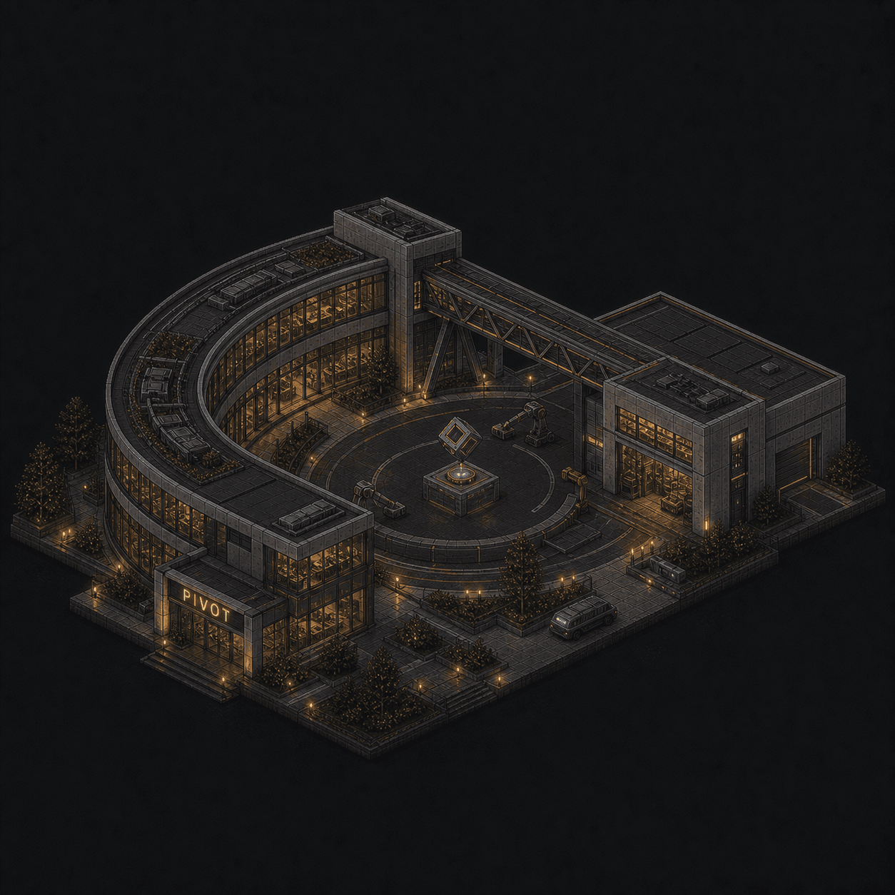 Isometric pixel-art headquarters of Pivot