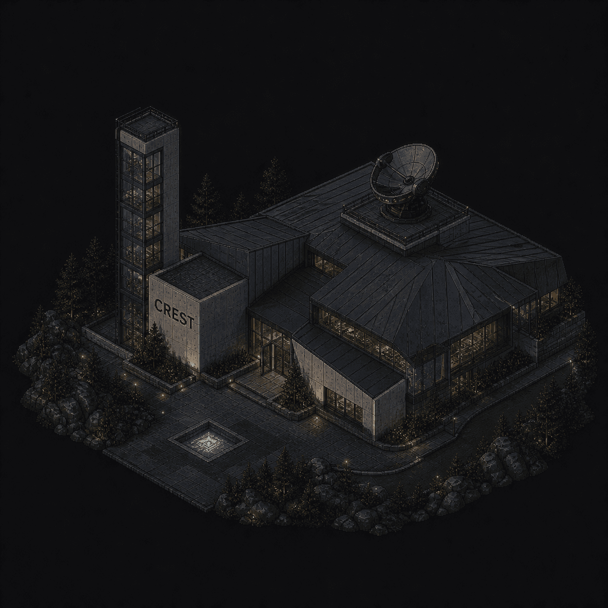 Isometric pixel-art headquarters of Crest