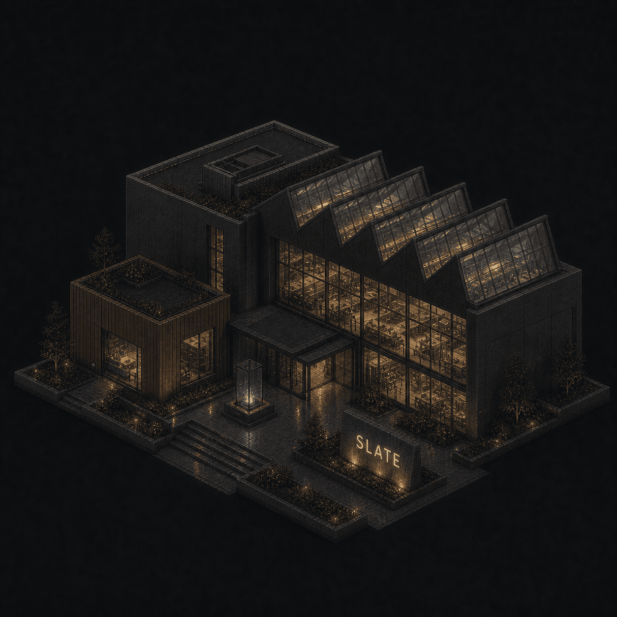Isometric pixel-art headquarters of Slate