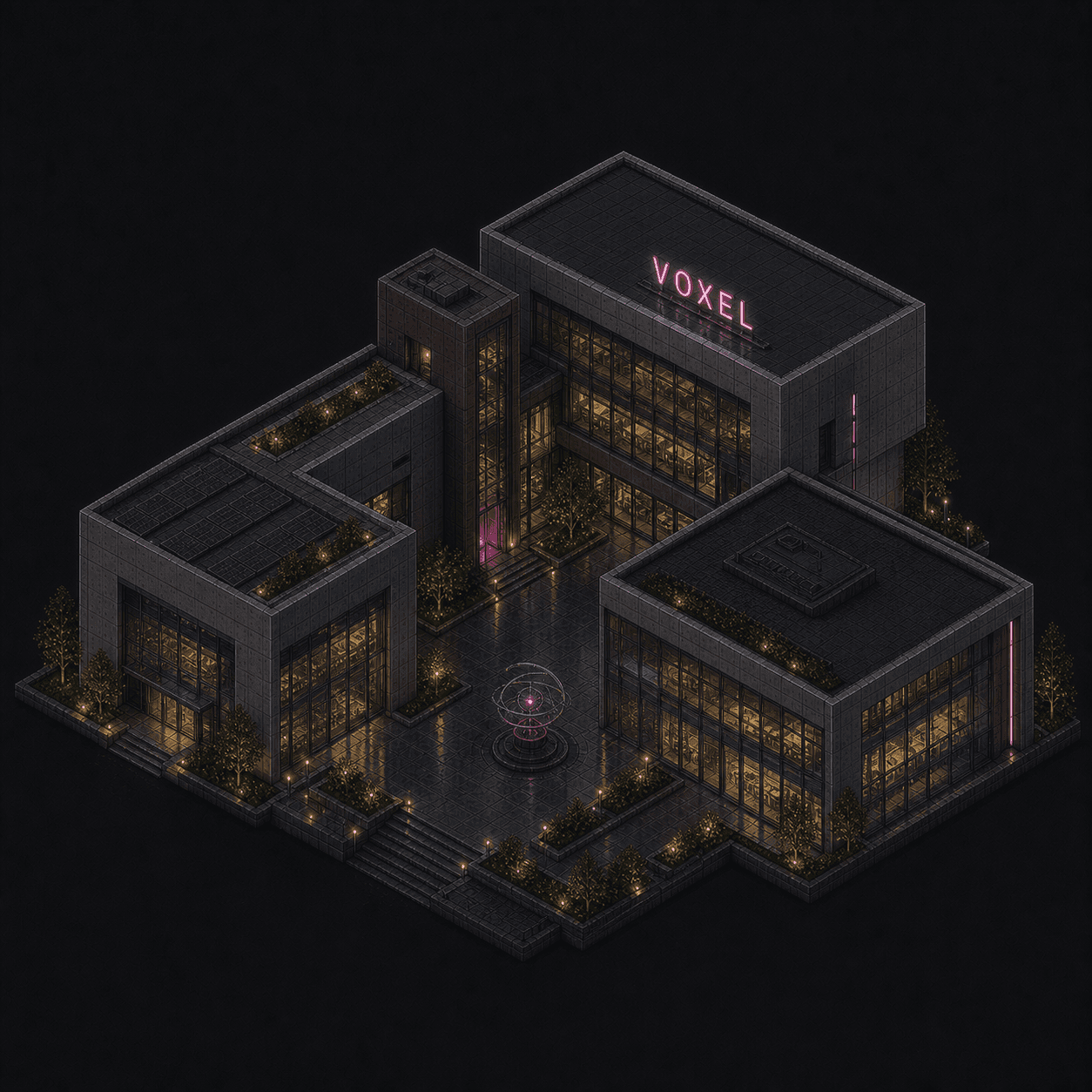 Isometric pixel-art headquarters of Voxel