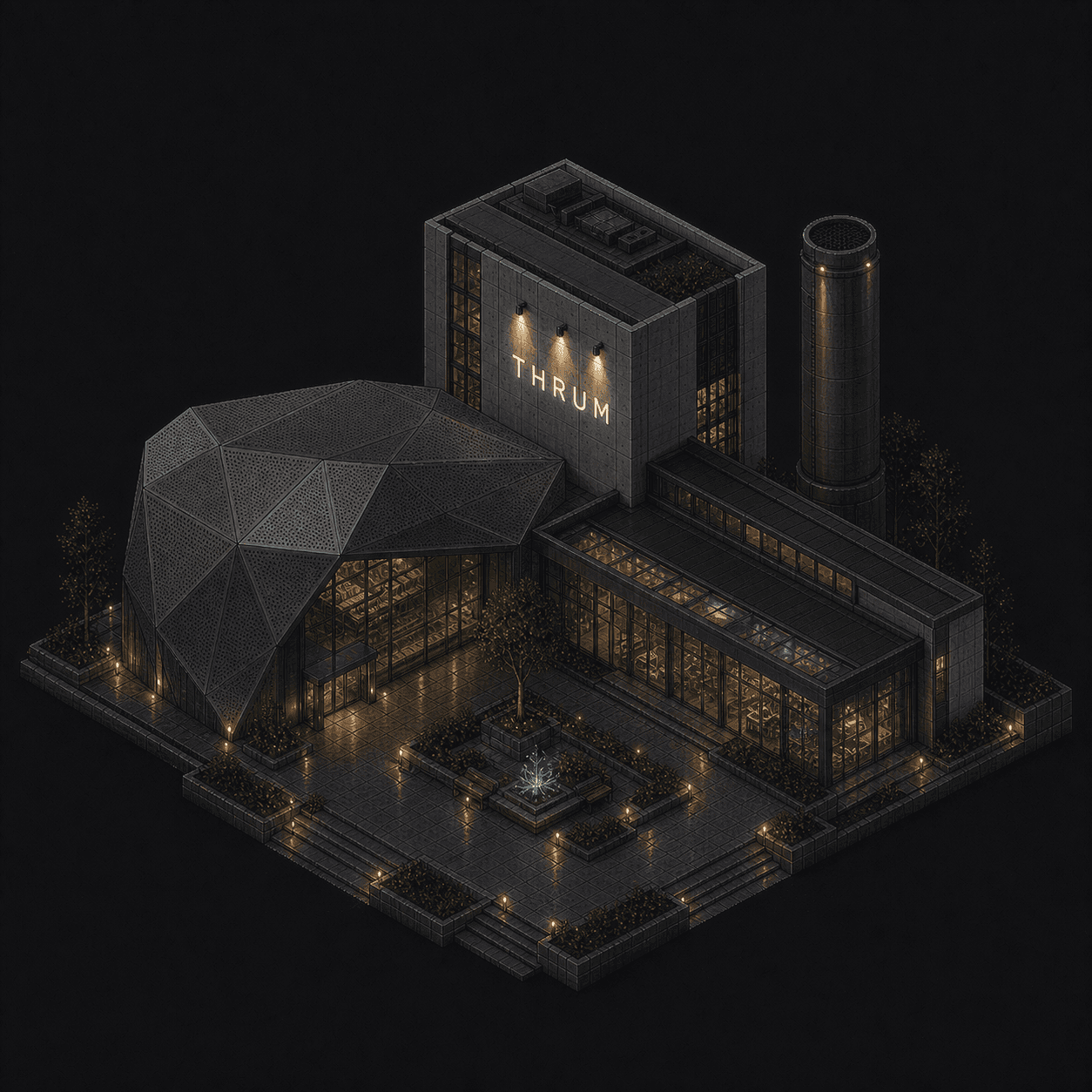 Isometric pixel-art headquarters of Thrum