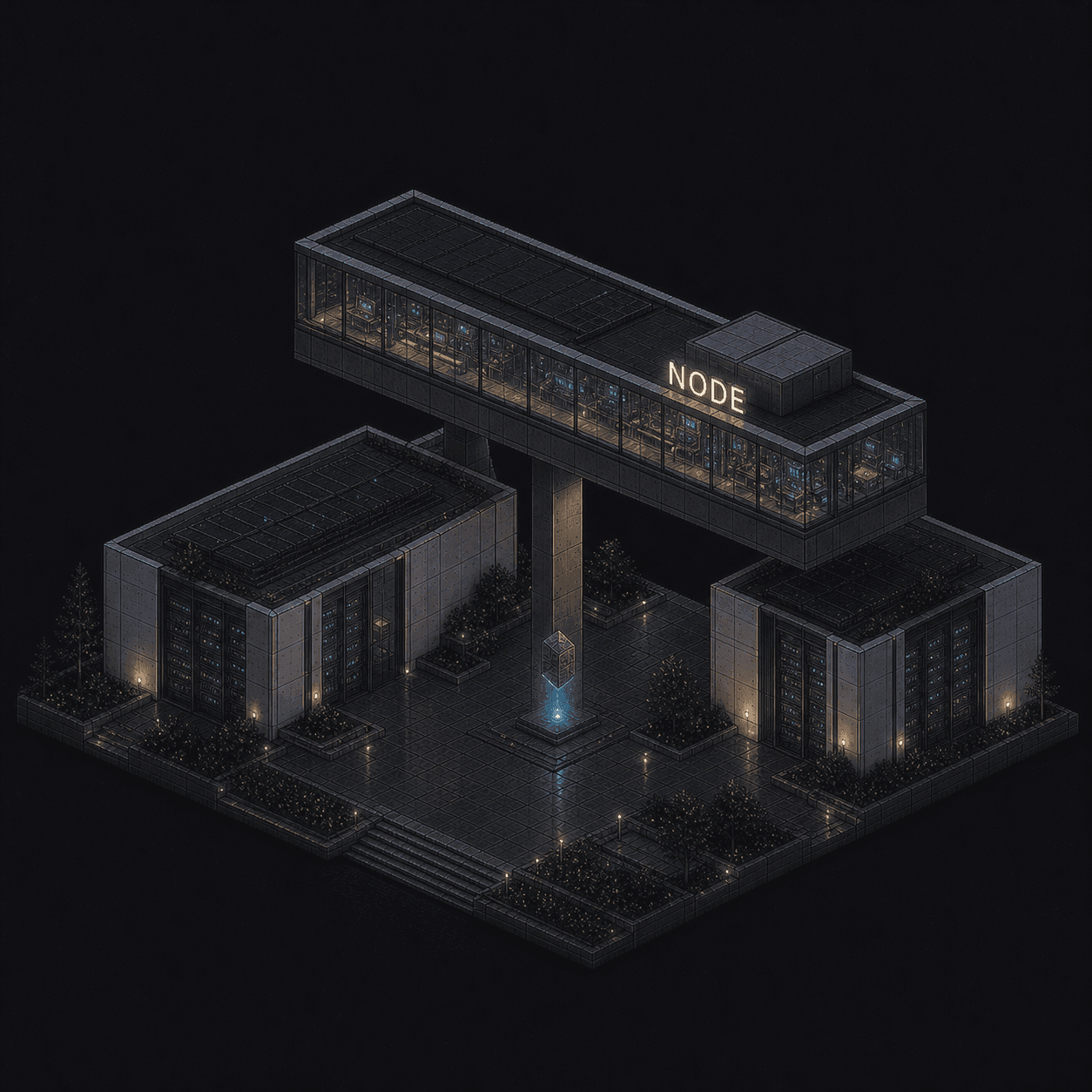 Isometric pixel-art headquarters of Node