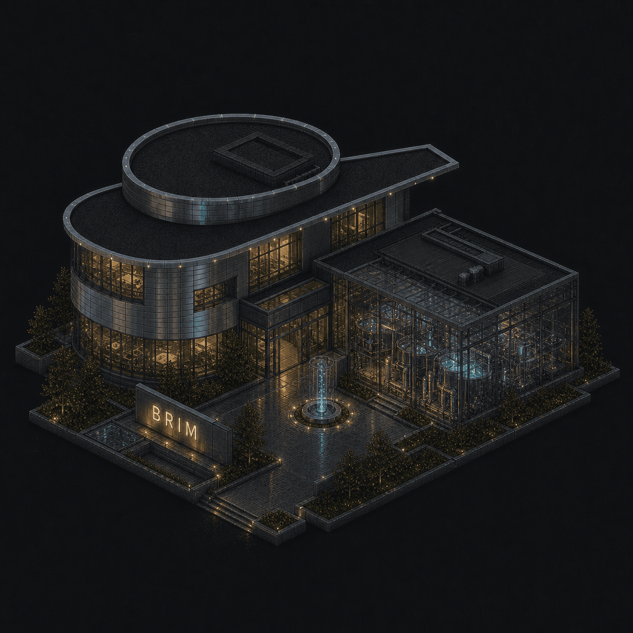 Isometric pixel-art headquarters of Brim