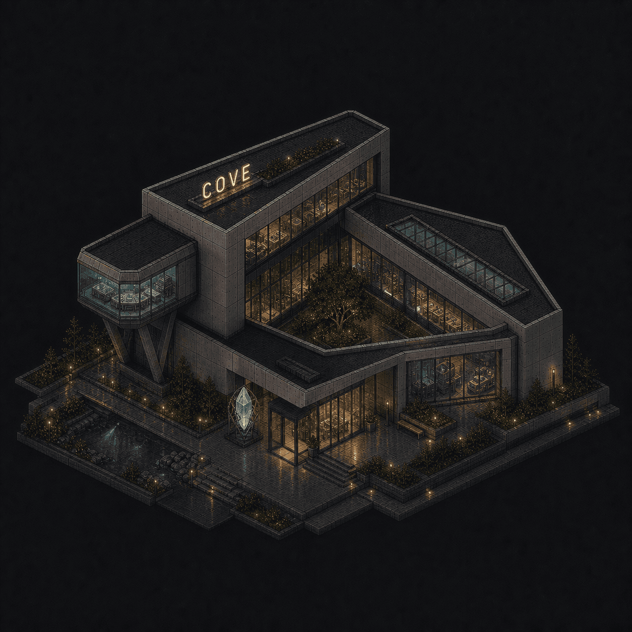 Isometric pixel-art headquarters of Cove