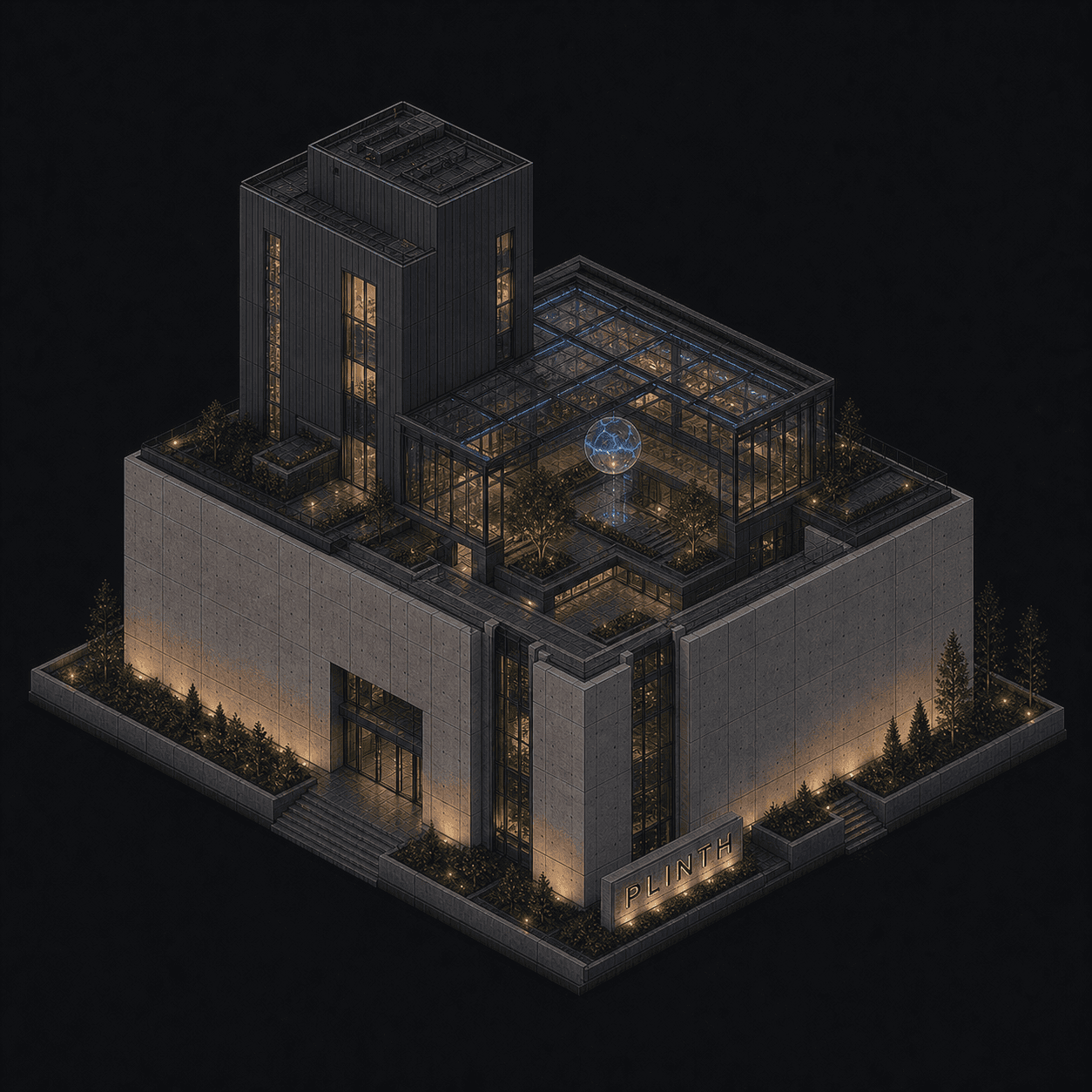 Isometric pixel-art headquarters of Plinth