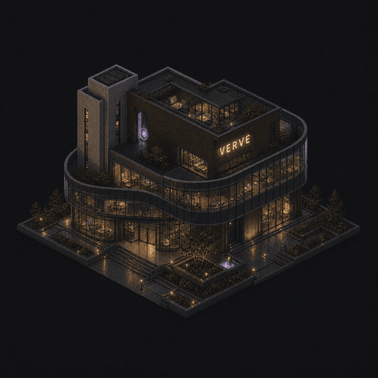 Isometric pixel-art headquarters of Verve