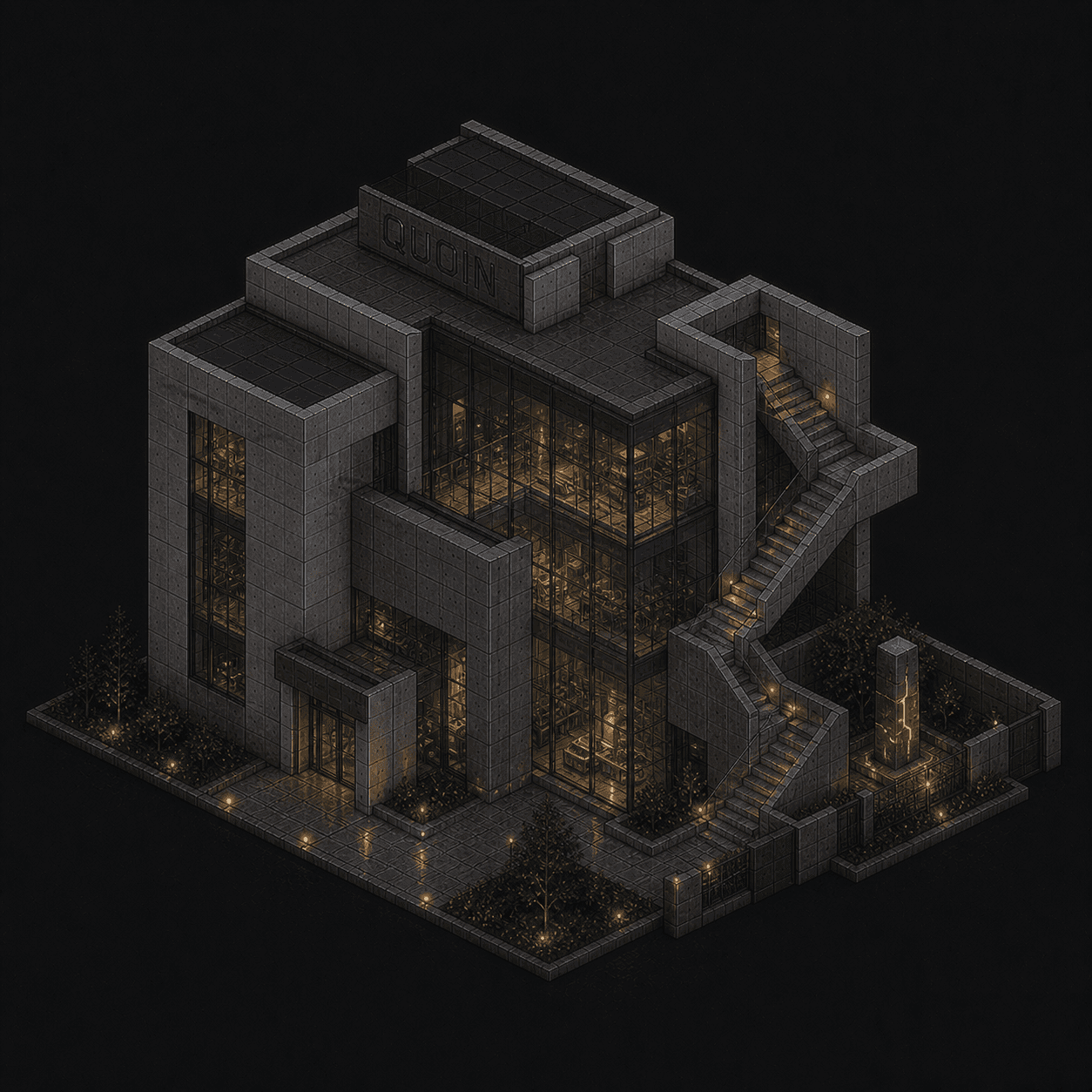 Isometric pixel-art headquarters of Quoin