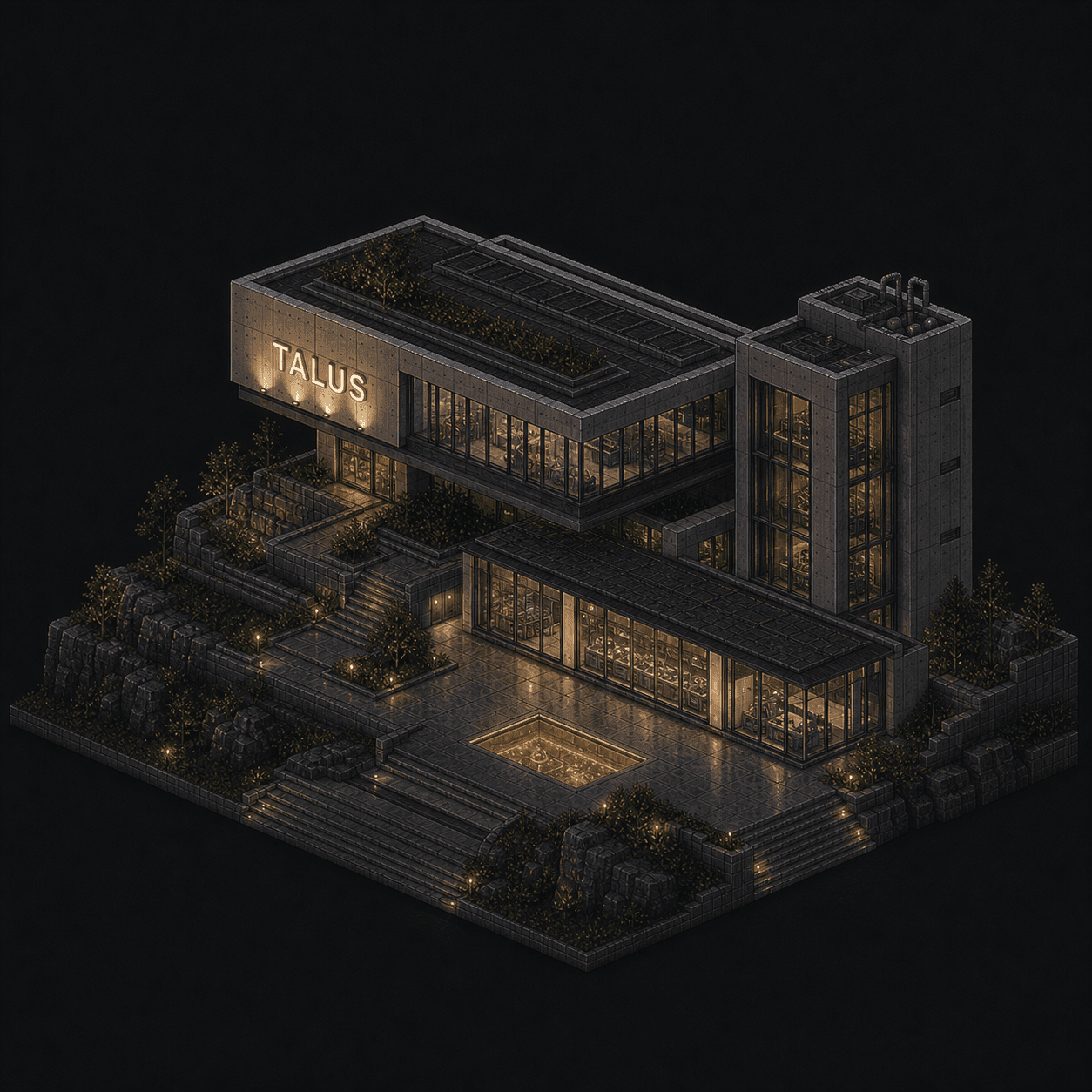 Isometric pixel-art headquarters of Talus