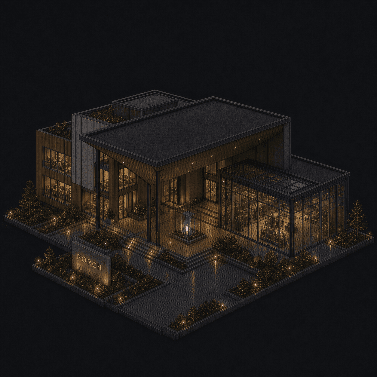 Isometric pixel-art headquarters of Porch