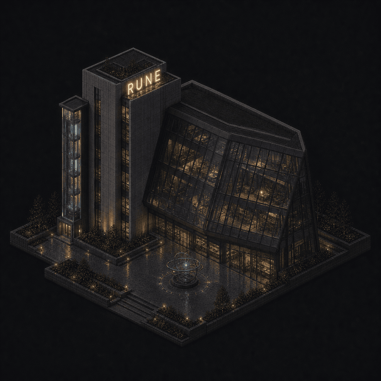 Isometric pixel-art headquarters of Rune
