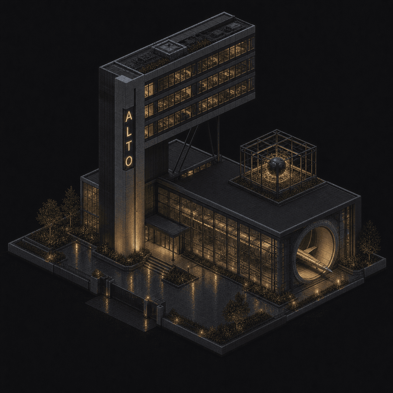 Isometric pixel-art headquarters of Alto