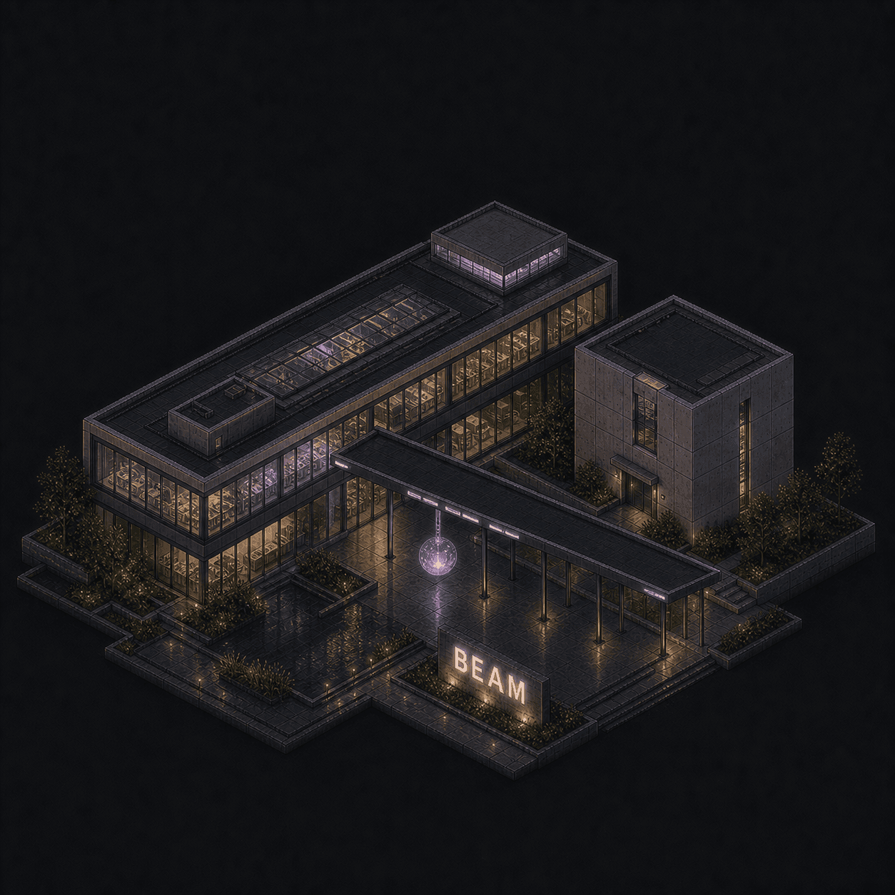 Isometric pixel-art headquarters of Beam
