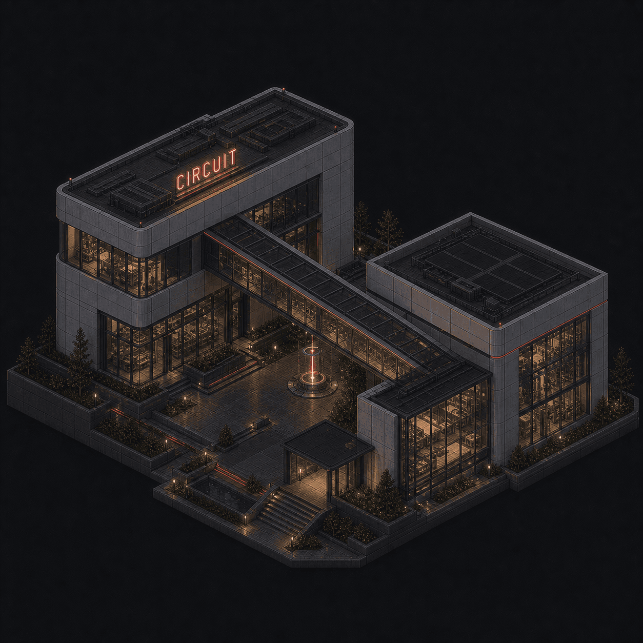 Isometric pixel-art headquarters of Circuit