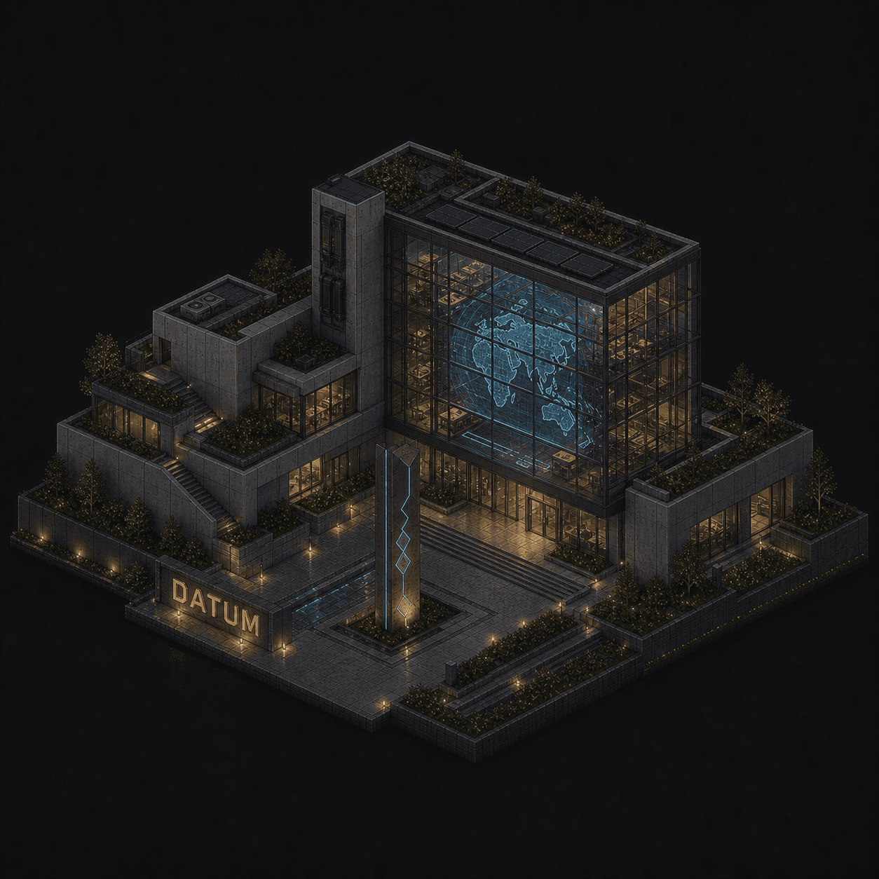 Isometric pixel-art headquarters of Datum