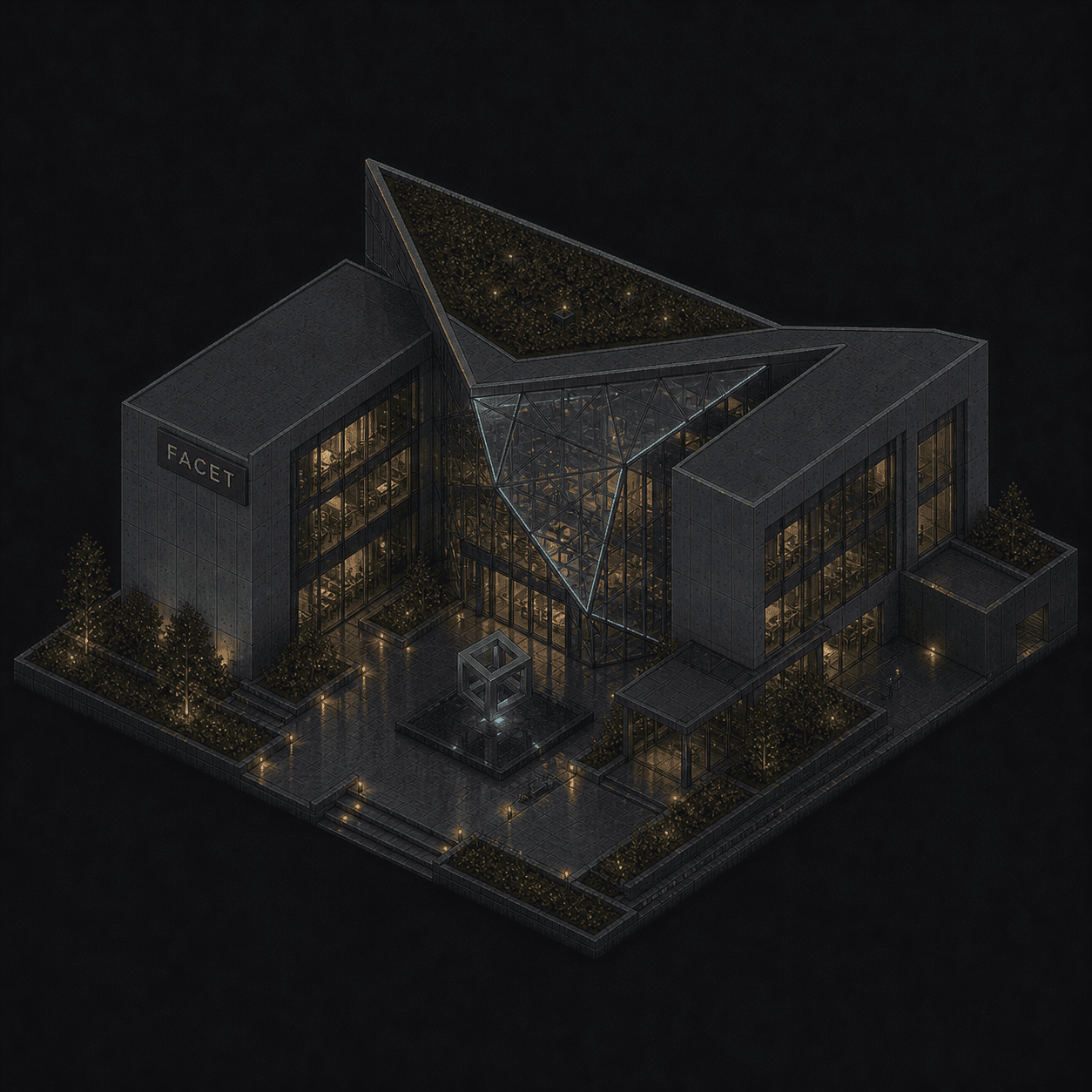 Isometric pixel-art headquarters of Facet