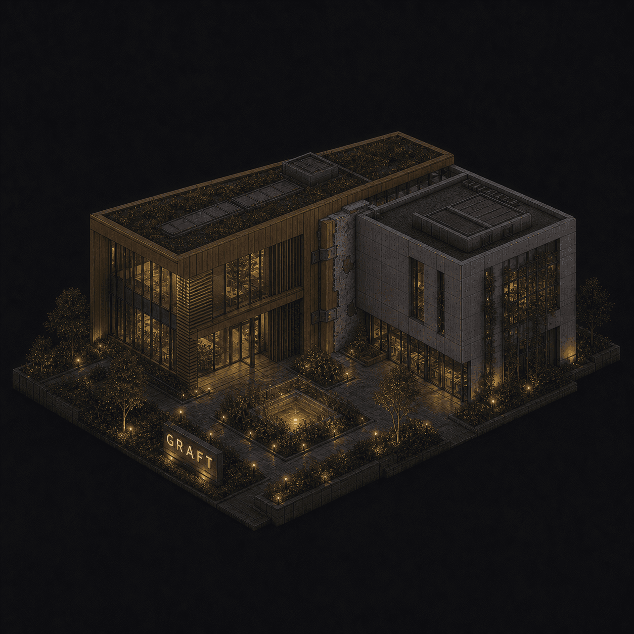 Isometric pixel-art headquarters of Graft