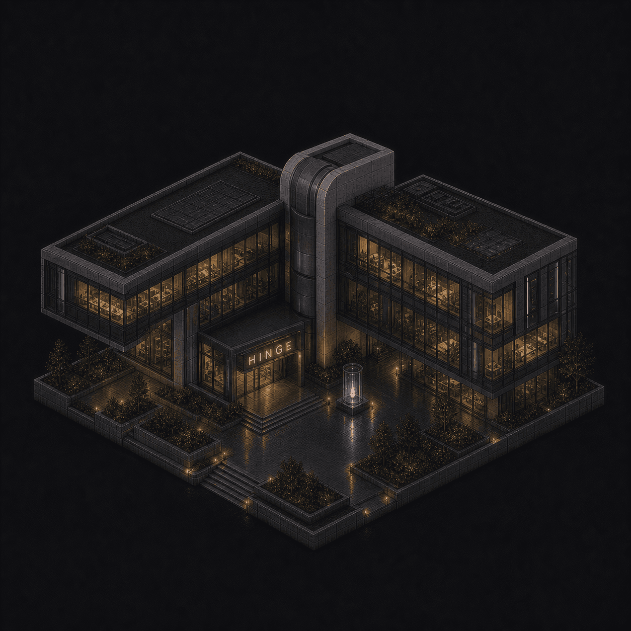 Isometric pixel-art headquarters of Hinge