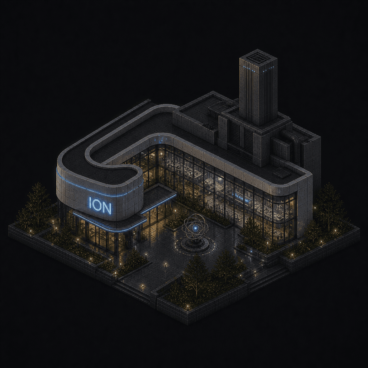 Isometric pixel-art headquarters of Ion
