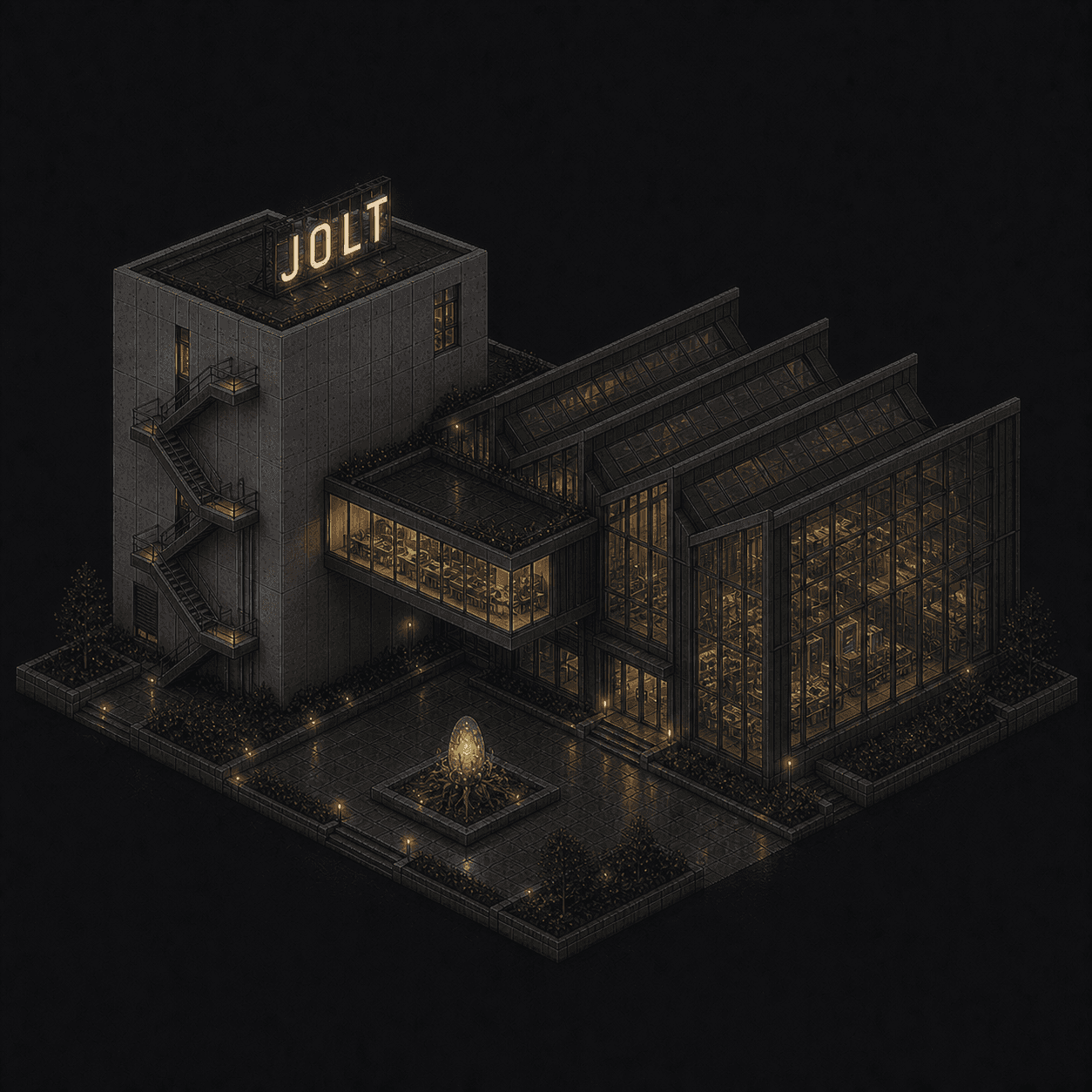 Isometric pixel-art headquarters of Jolt