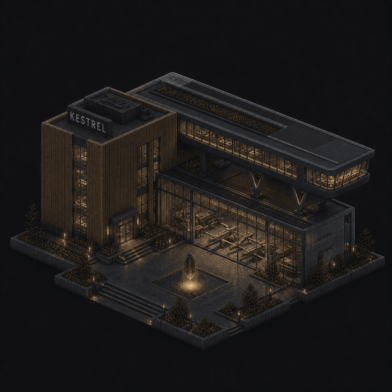 Isometric pixel-art headquarters of Kestrel