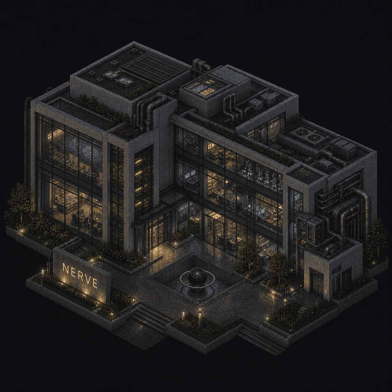 Isometric pixel-art headquarters of Nerve