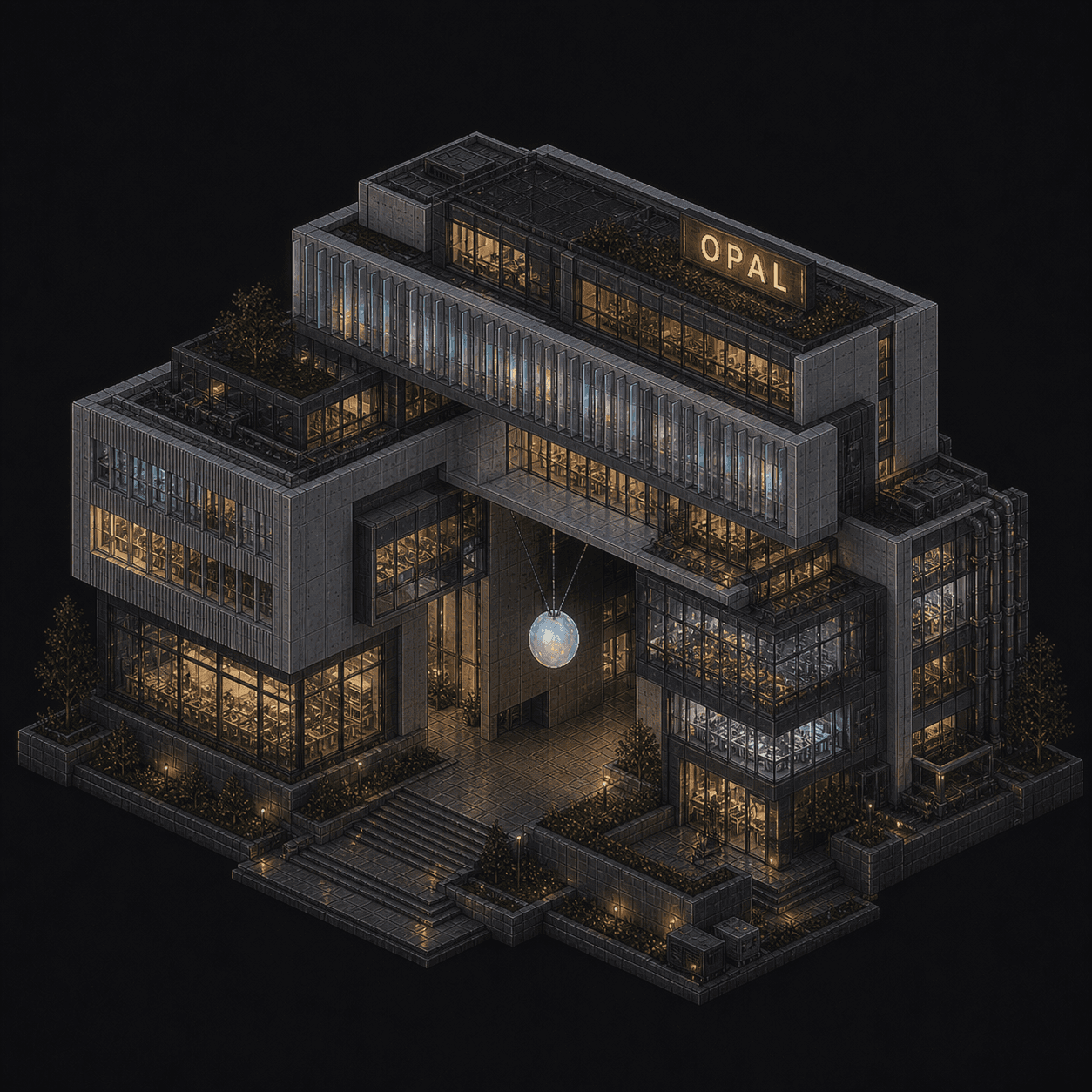 Isometric pixel-art headquarters of Opal