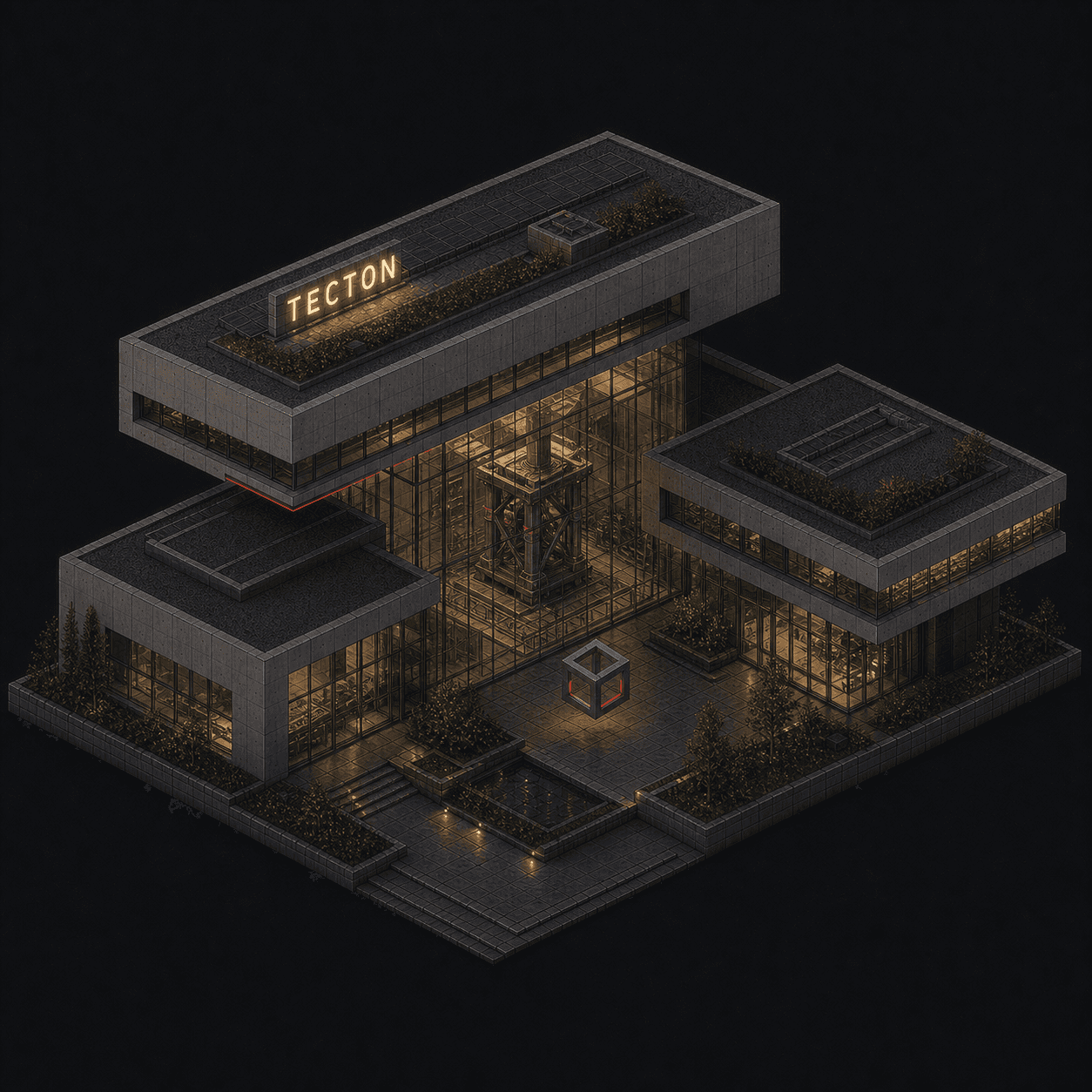 Isometric pixel-art headquarters of Tecton