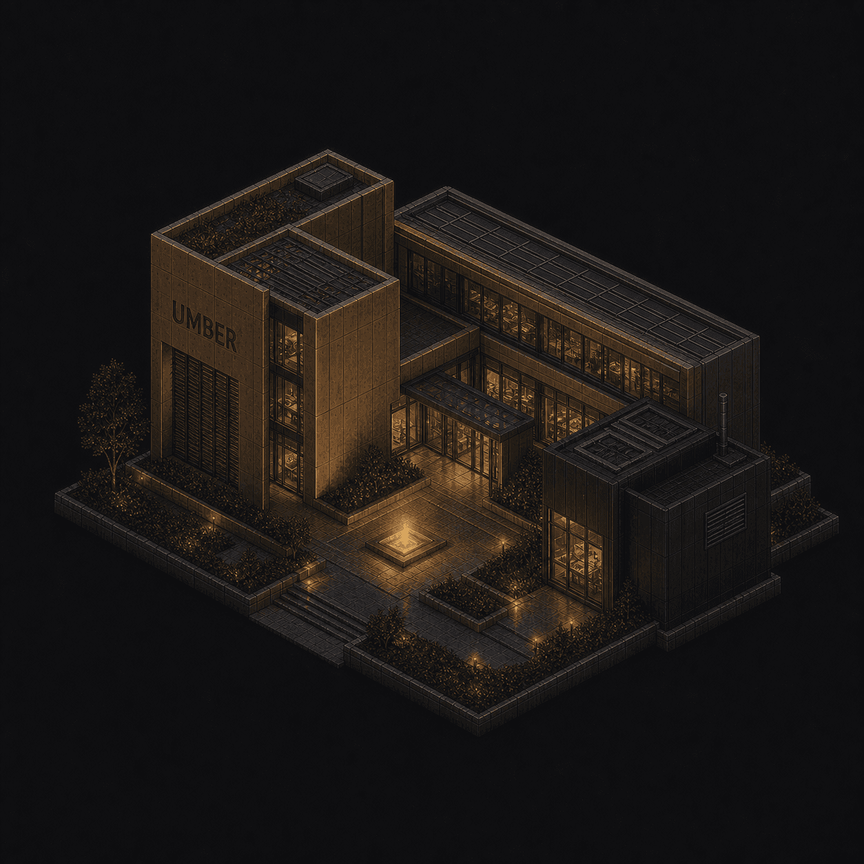 Isometric pixel-art headquarters of Umber
