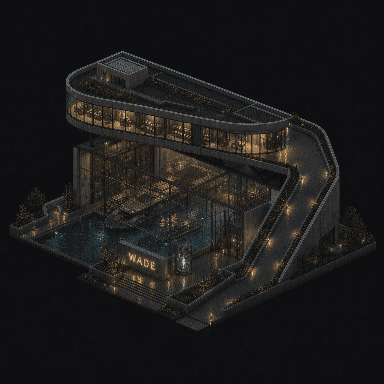 Isometric pixel-art headquarters of Wade