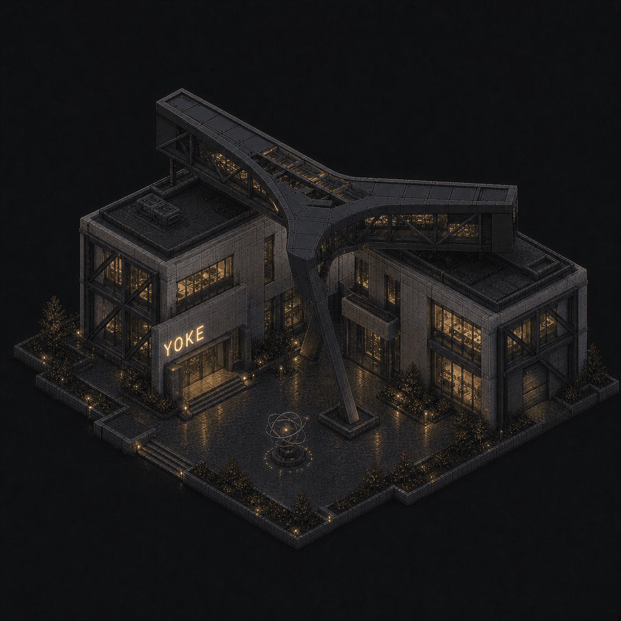 Isometric pixel-art headquarters of Yoke