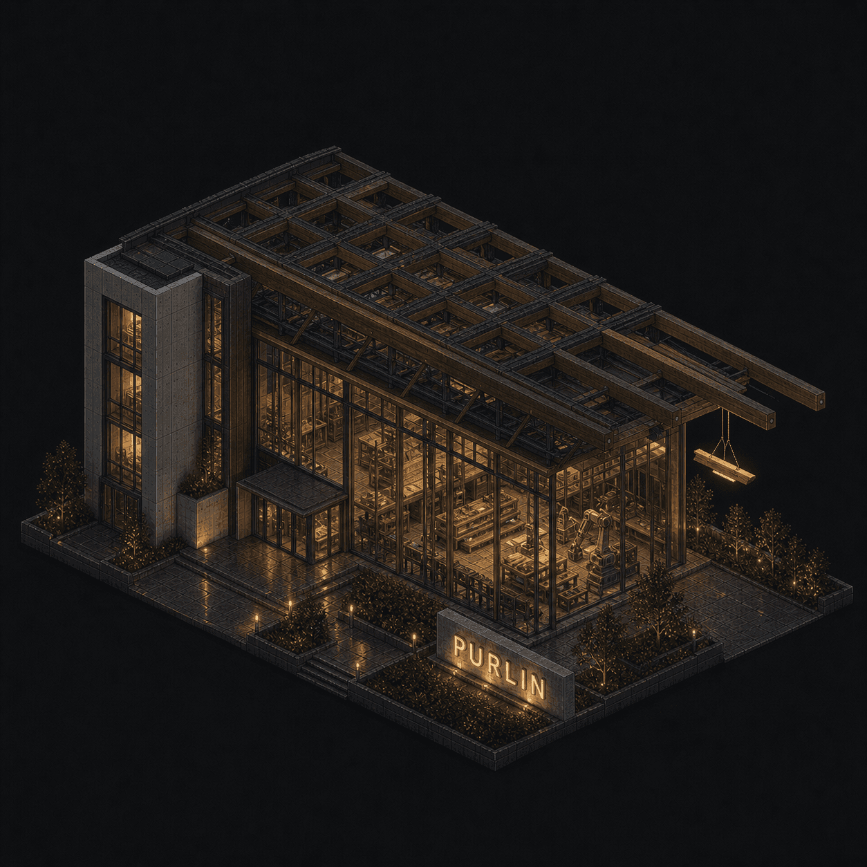 Isometric pixel-art headquarters of Purlin