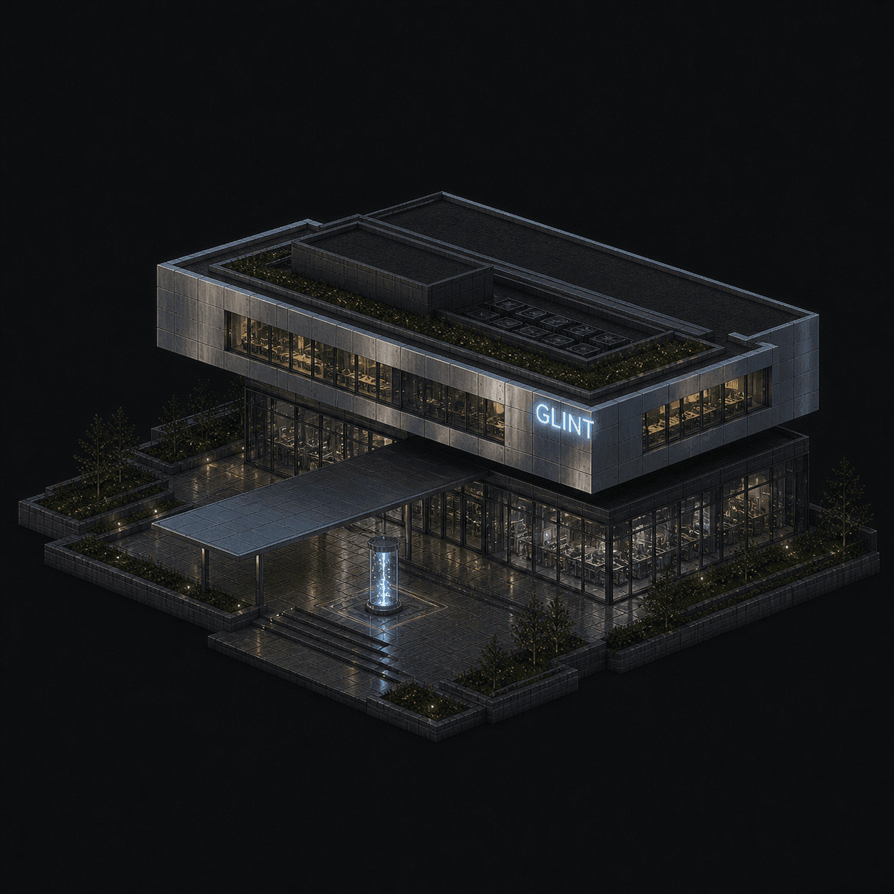 Isometric pixel-art headquarters of Glint