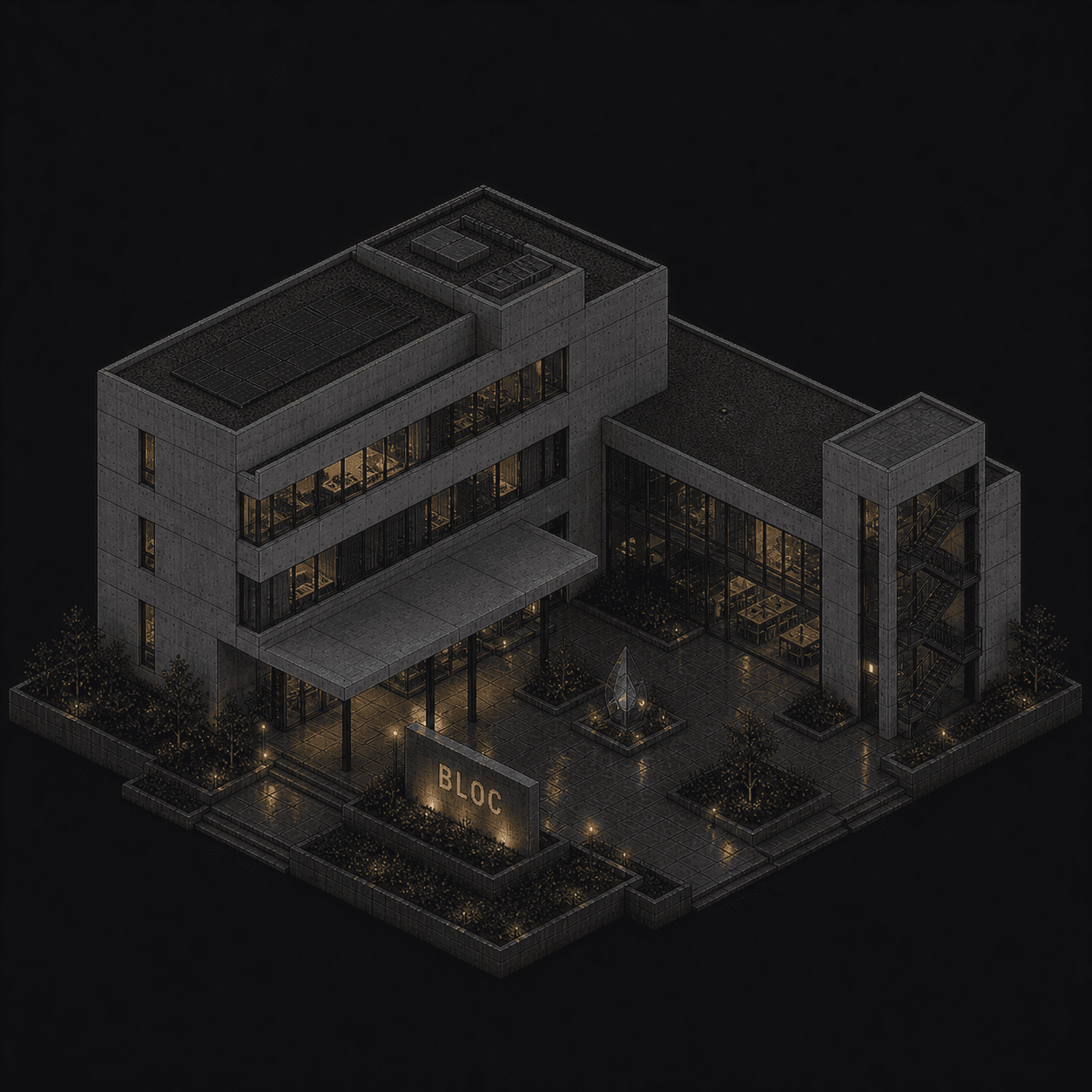 Isometric pixel-art headquarters of Bloc