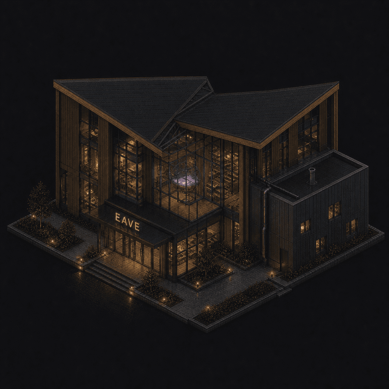 Isometric pixel-art headquarters of Eave