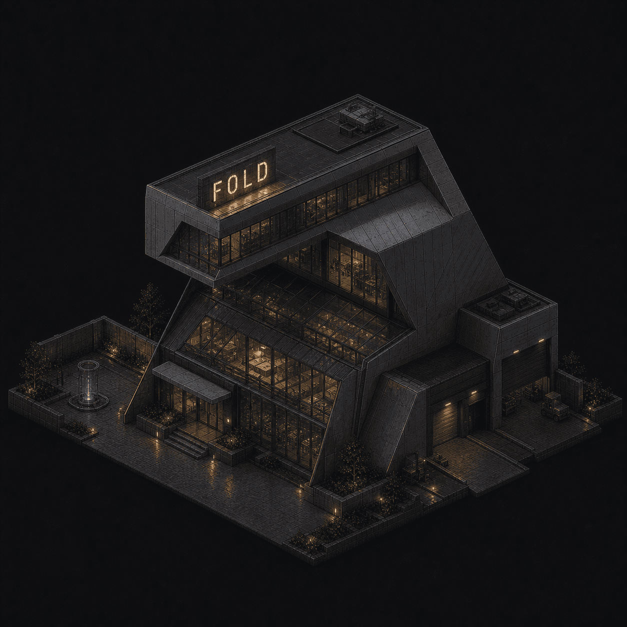 Isometric pixel-art headquarters of Fold